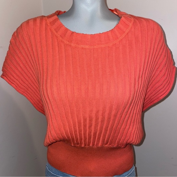 Free People FP Beach Orange Ribbed Short Sleeve Cotton Sweater Dolman XL - Picture 2 of 7